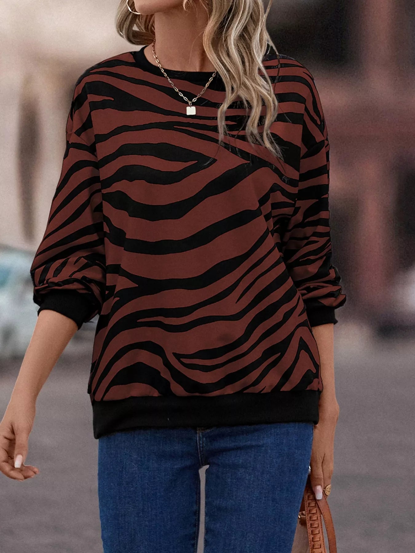 Zebra Print Round Neck Casual Sweatshirt