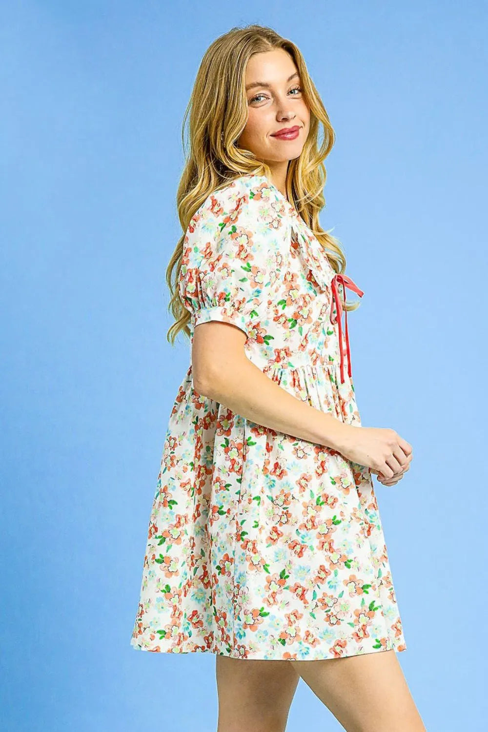 Umgee Floral Print Puff Sleeve Tie Front Mini Dress