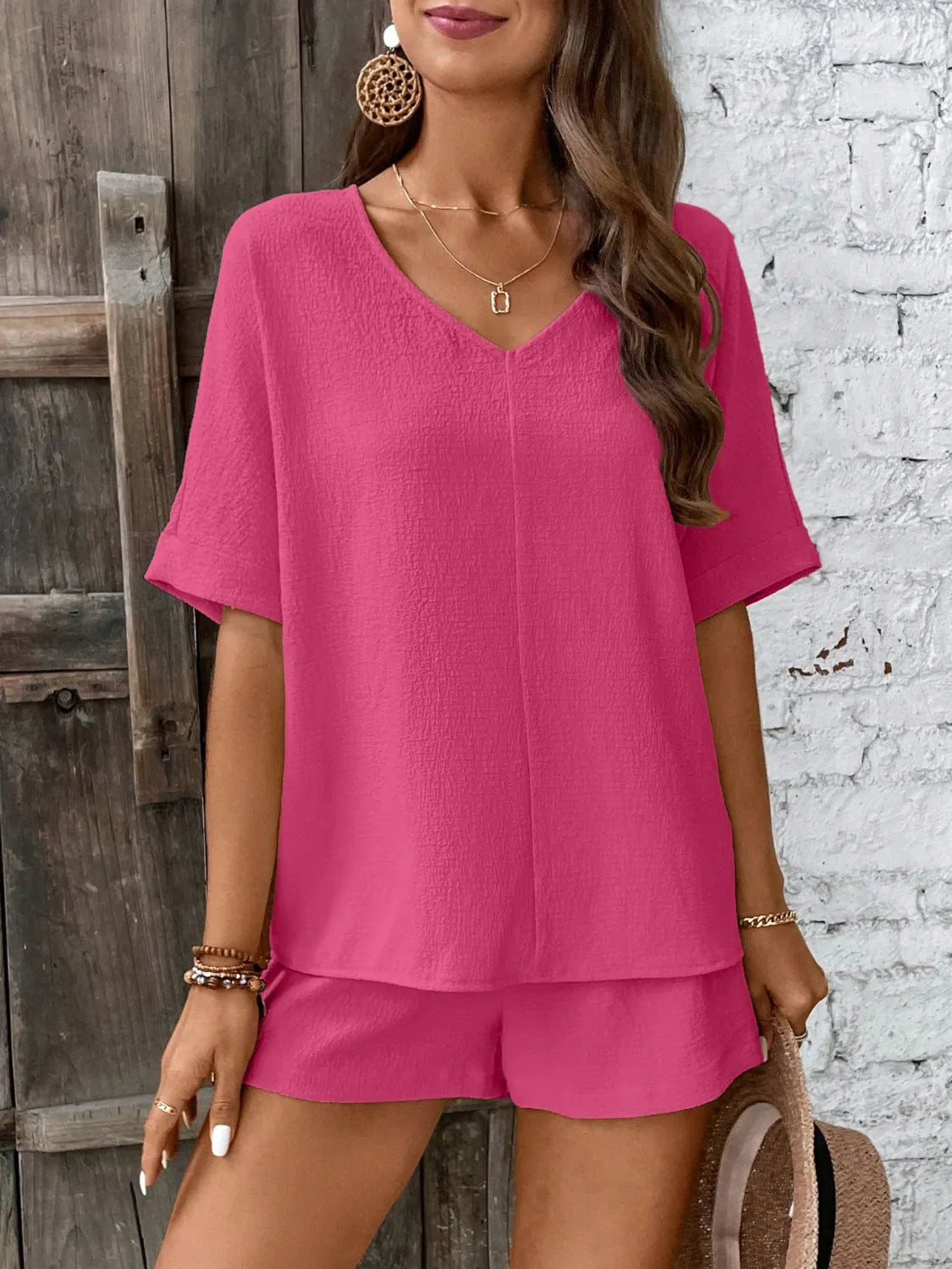 V-Neck Half Sleeve Top and Shorts Set