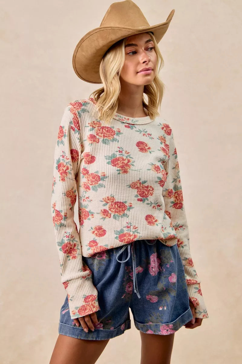 BiBi Floral Print Washed Waffle Thermal Top With Thumb