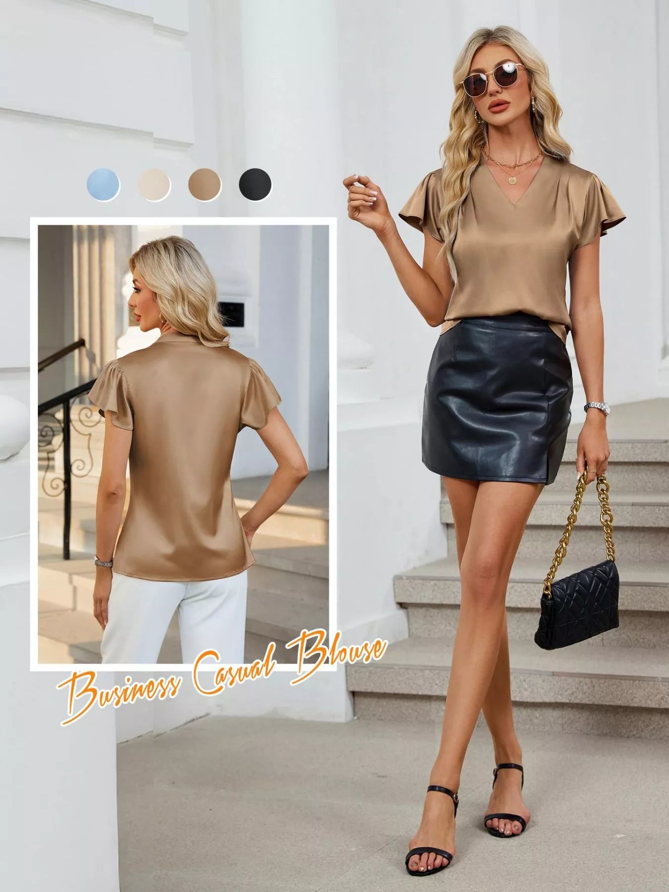 Satin V-Neck Flutter Sleeve Blouse