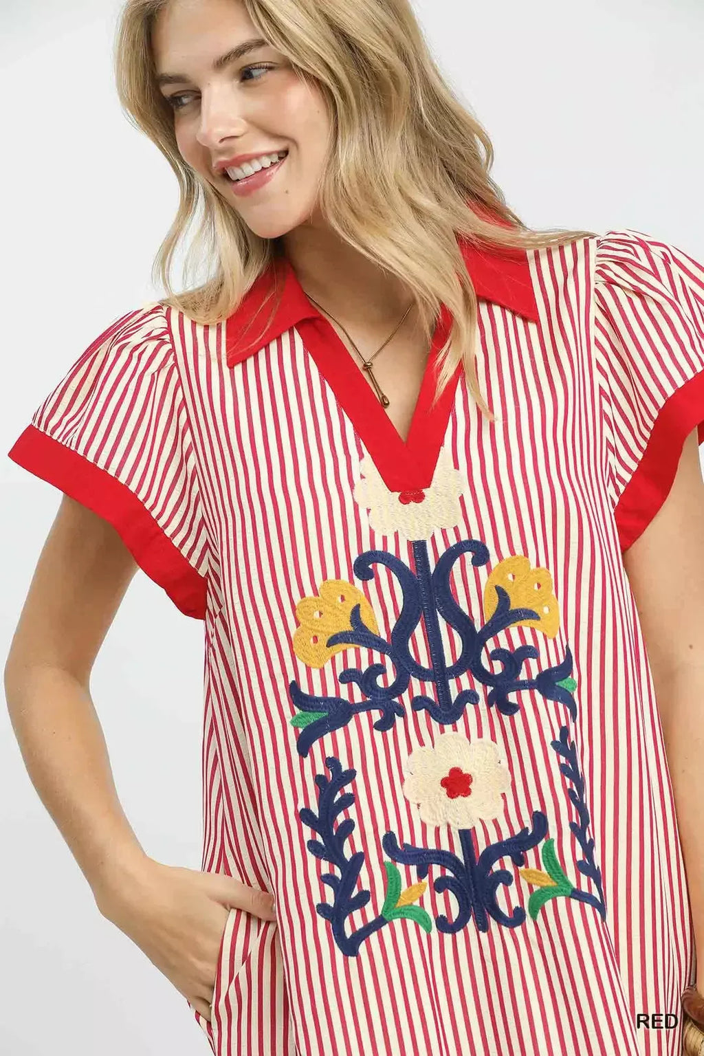 Umgee Floral Embroidered Stripe Dress with Side Slits