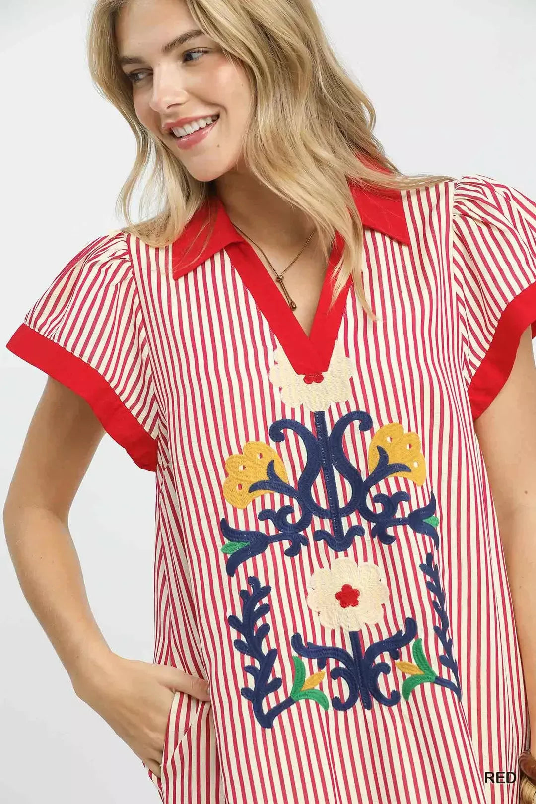 Umgee Floral Embroidered Stripe Dress with Side Slits