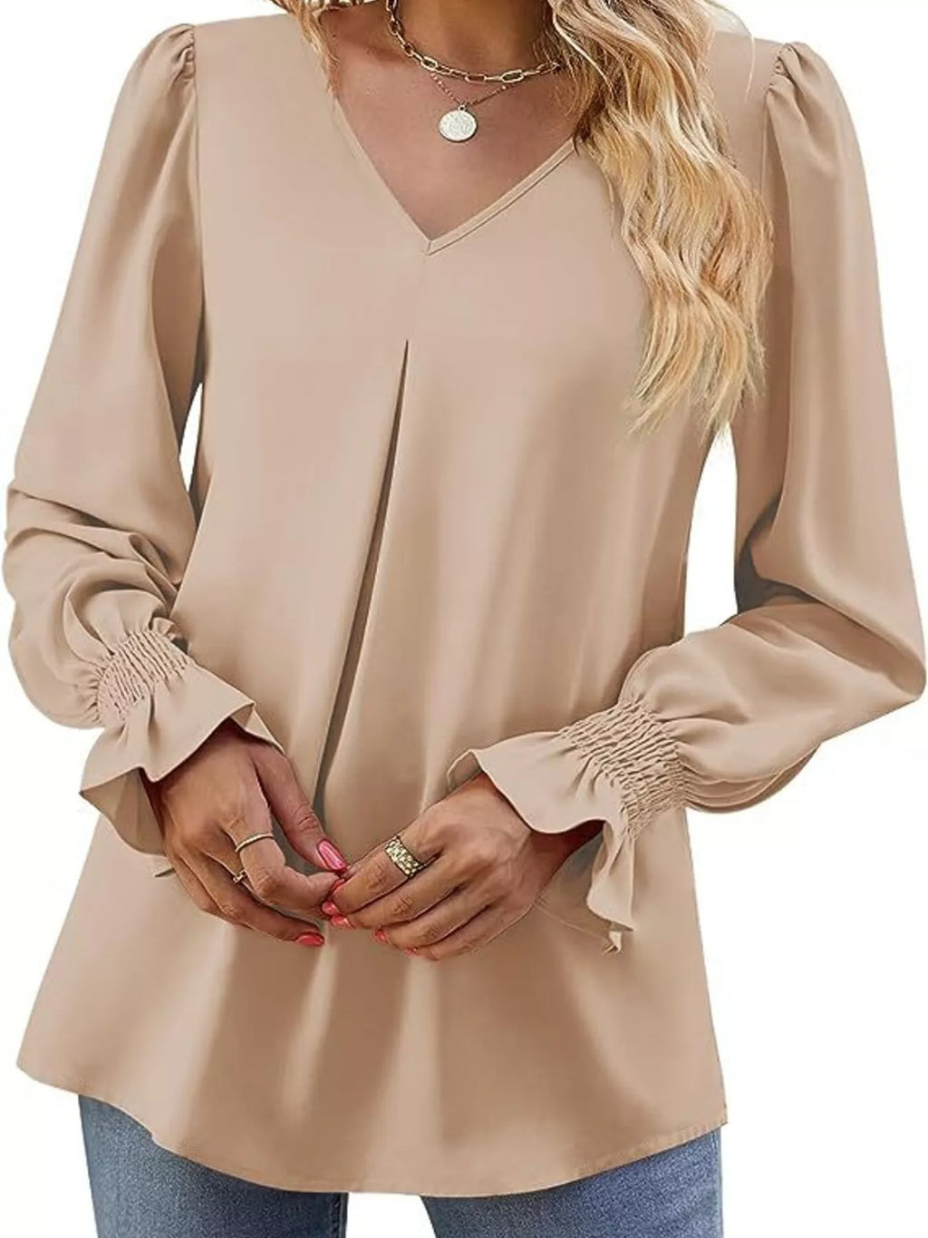 V-Neck Long Sleeve Ruffle Cuff Blouse