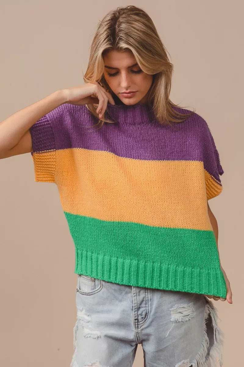 BiBi Mardi Gras Color Block Drop Shoulder Sweater Top