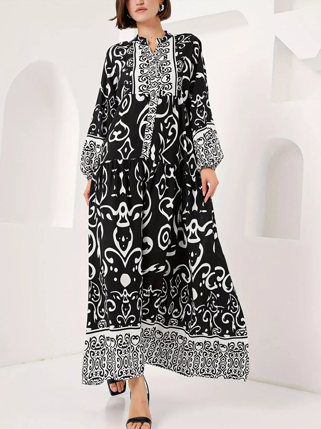 Printed Notched Balloon Sleeve Maxi Dress