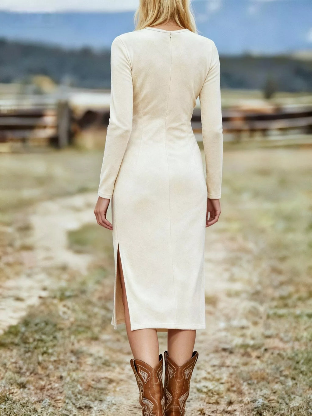 Suede Fringe Long Sleeve Midi Dress