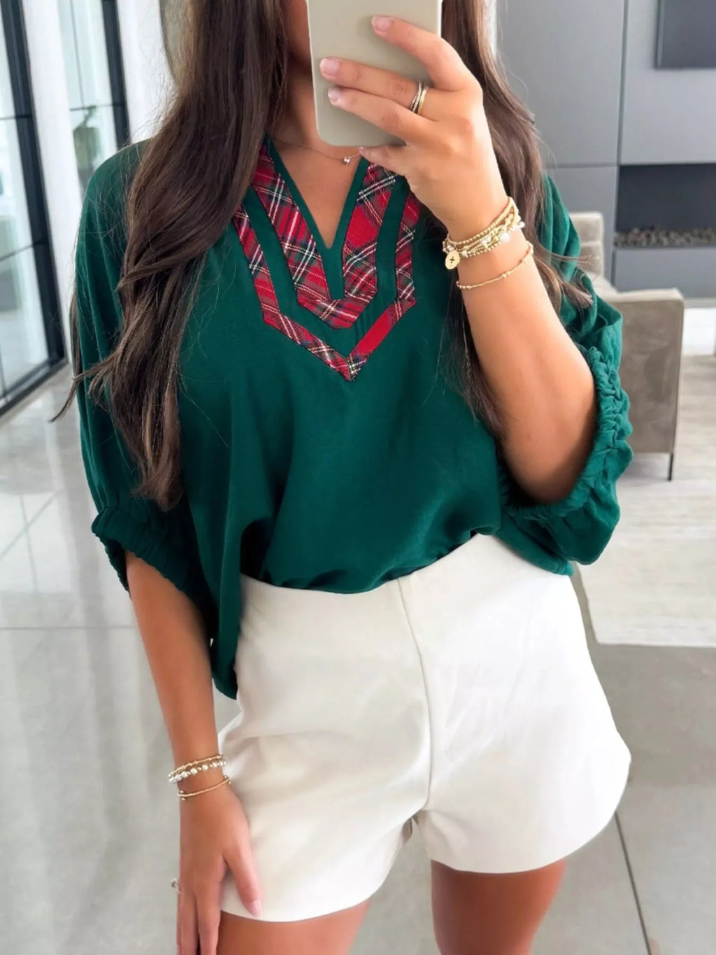 Plaid Trim Half Sleeve Blouse