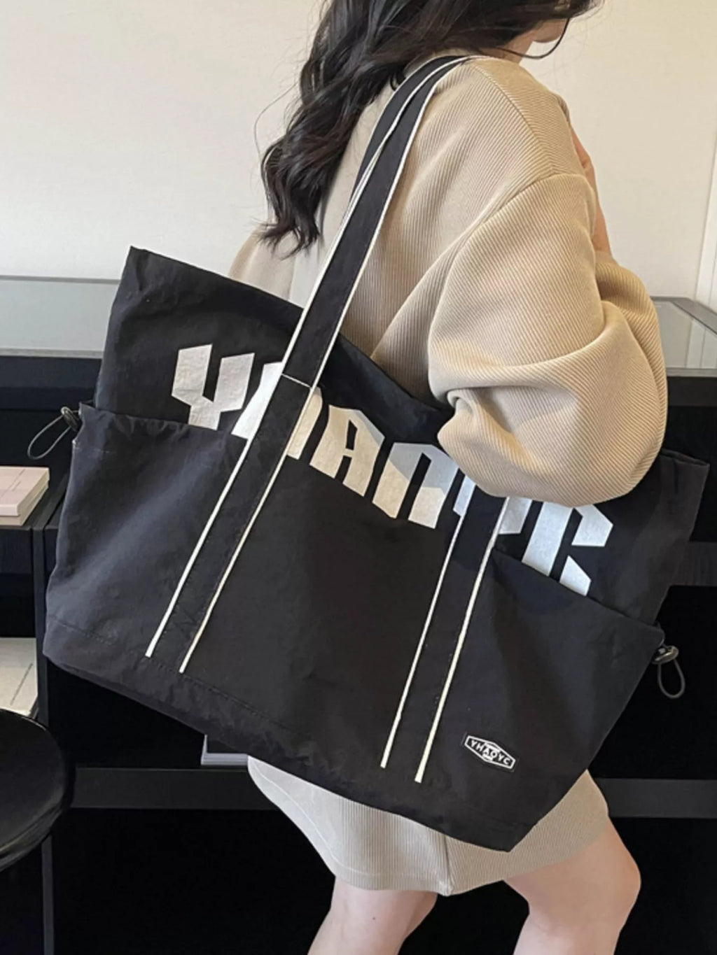 Drawstring Letter Shoulder Bag