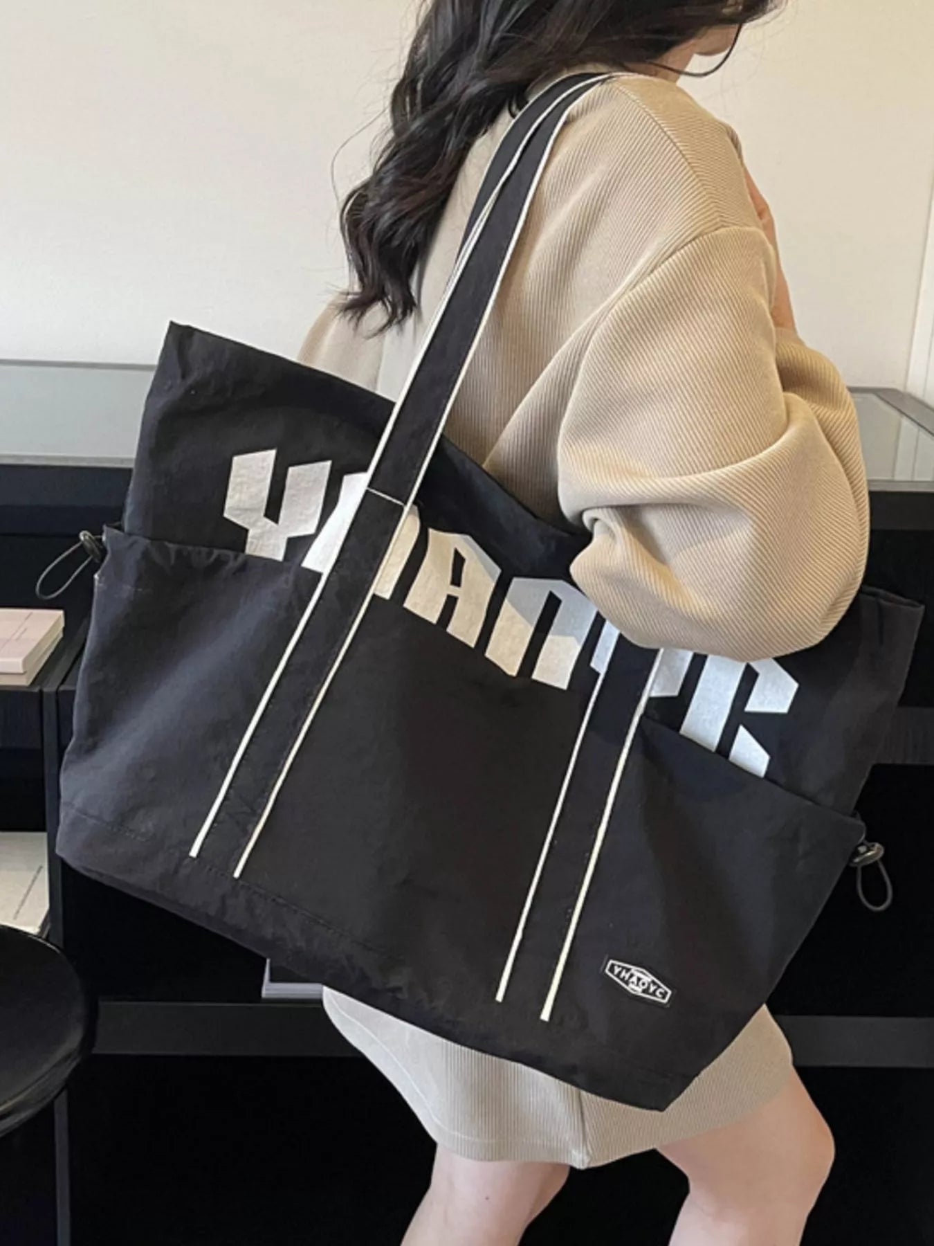Drawstring Letter Shoulder Bag
