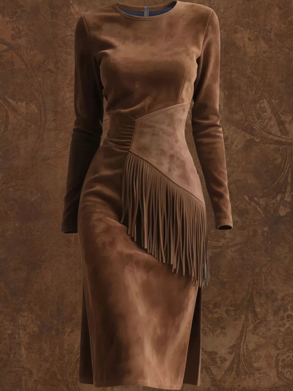 Suede Fringe Long Sleeve Midi Dress