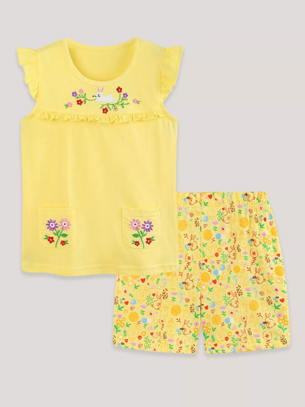 Children's Floral Embroidered Top and Printed Shorts Set
