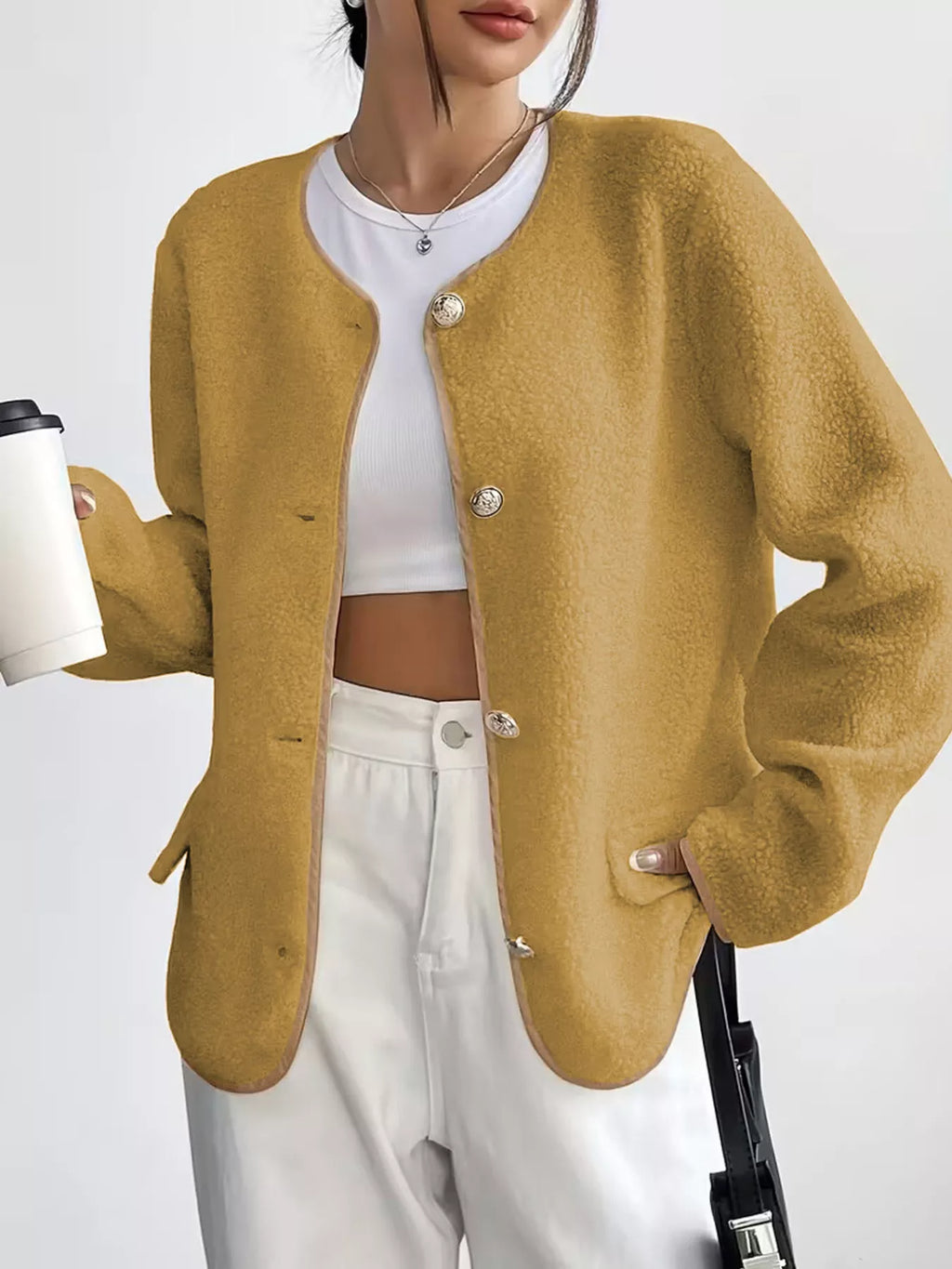 Full Size Textured Button-Up Fleece Outerwear Plus Size