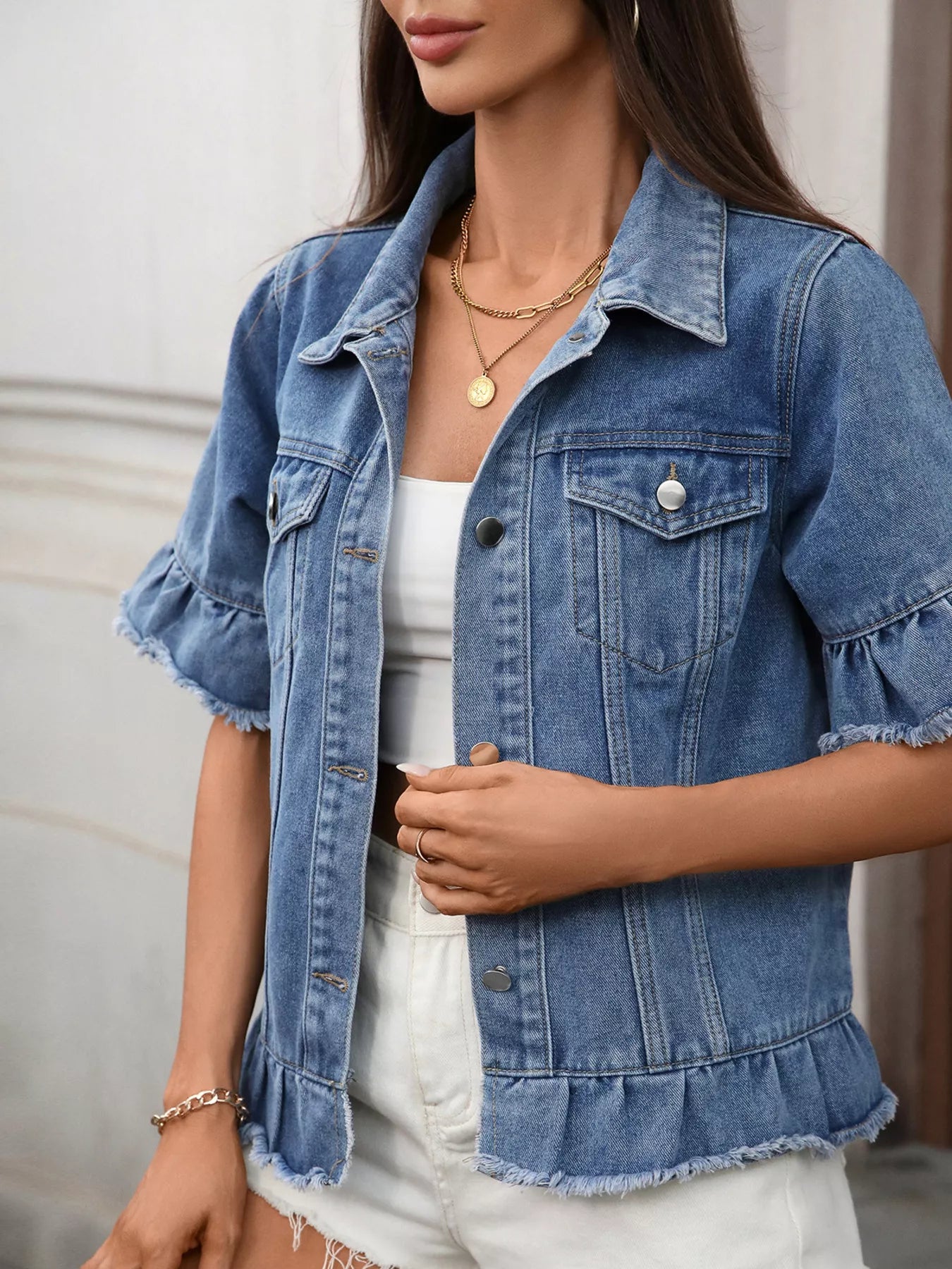 Raw Hem Button Up Denim Jacket