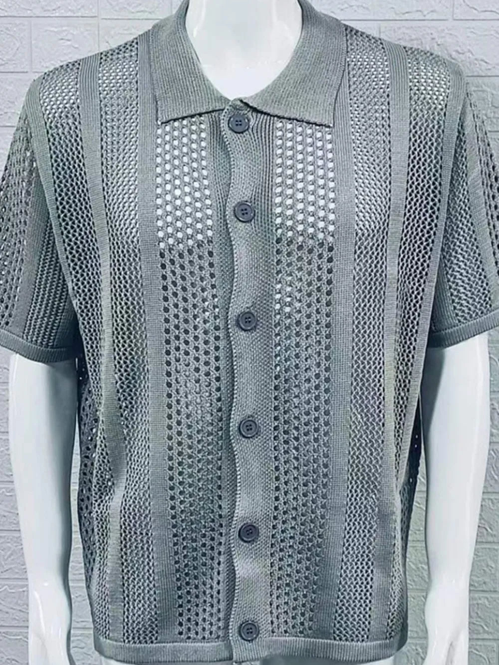 Men's Button Down Collared Neck Hollow Out Shirt