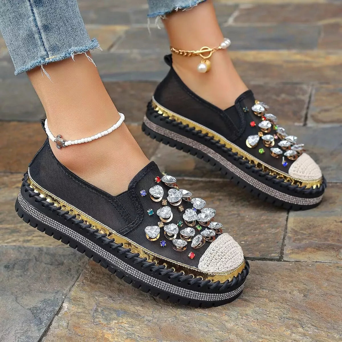 Rhinestone Decor Platform Loafers