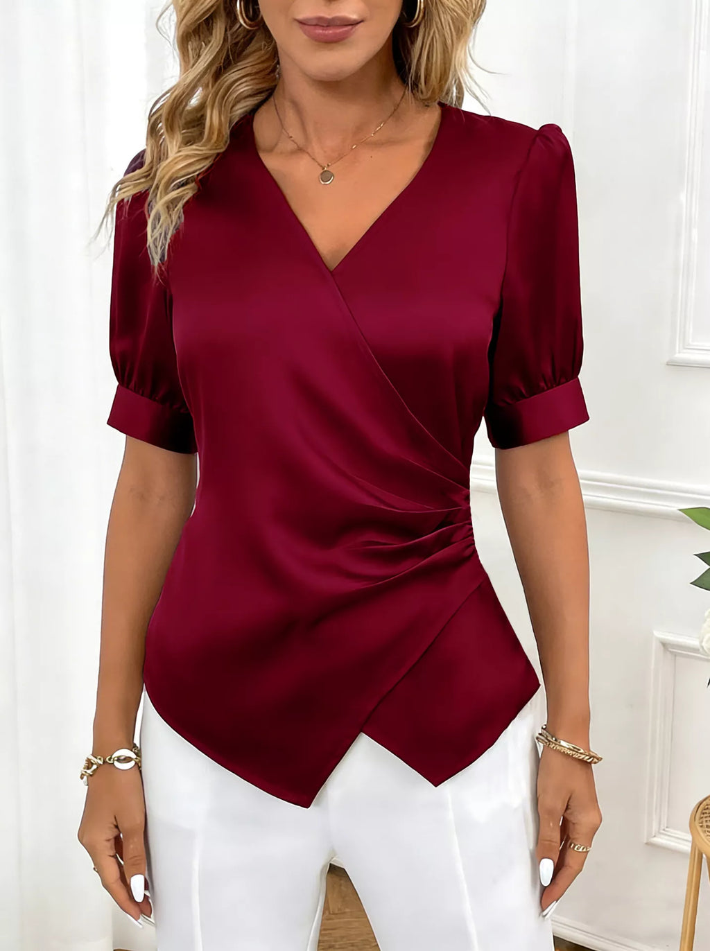 Satin Surplice Short Sleeve Blouse