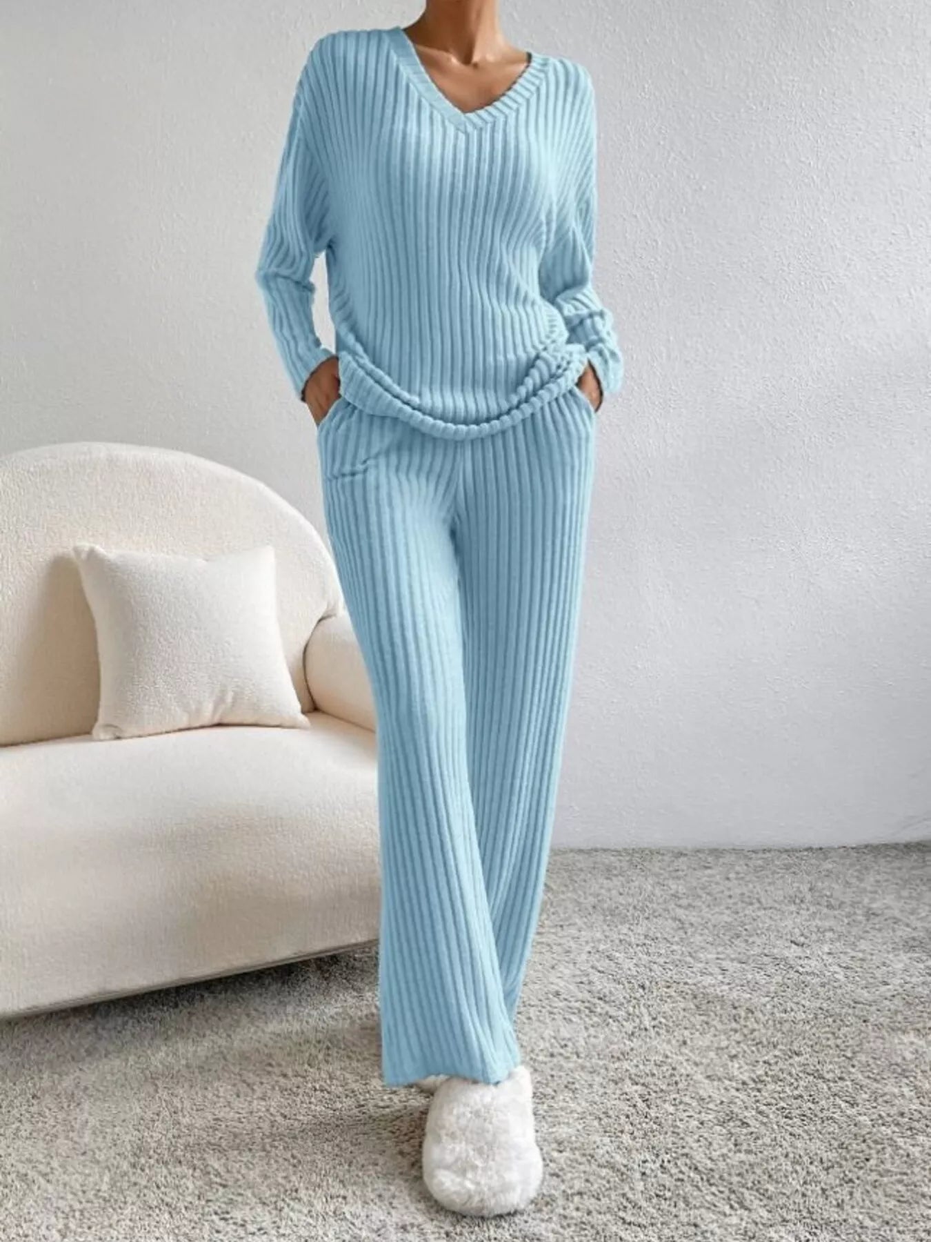 Ribbed Knit V-Neck Top and Pants Set