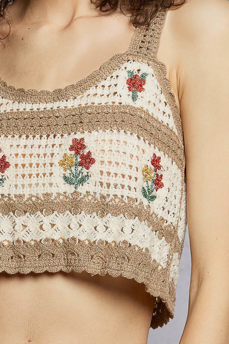 POL Floral Embroidered Cropped Crochet Cami with Scalloped Hem