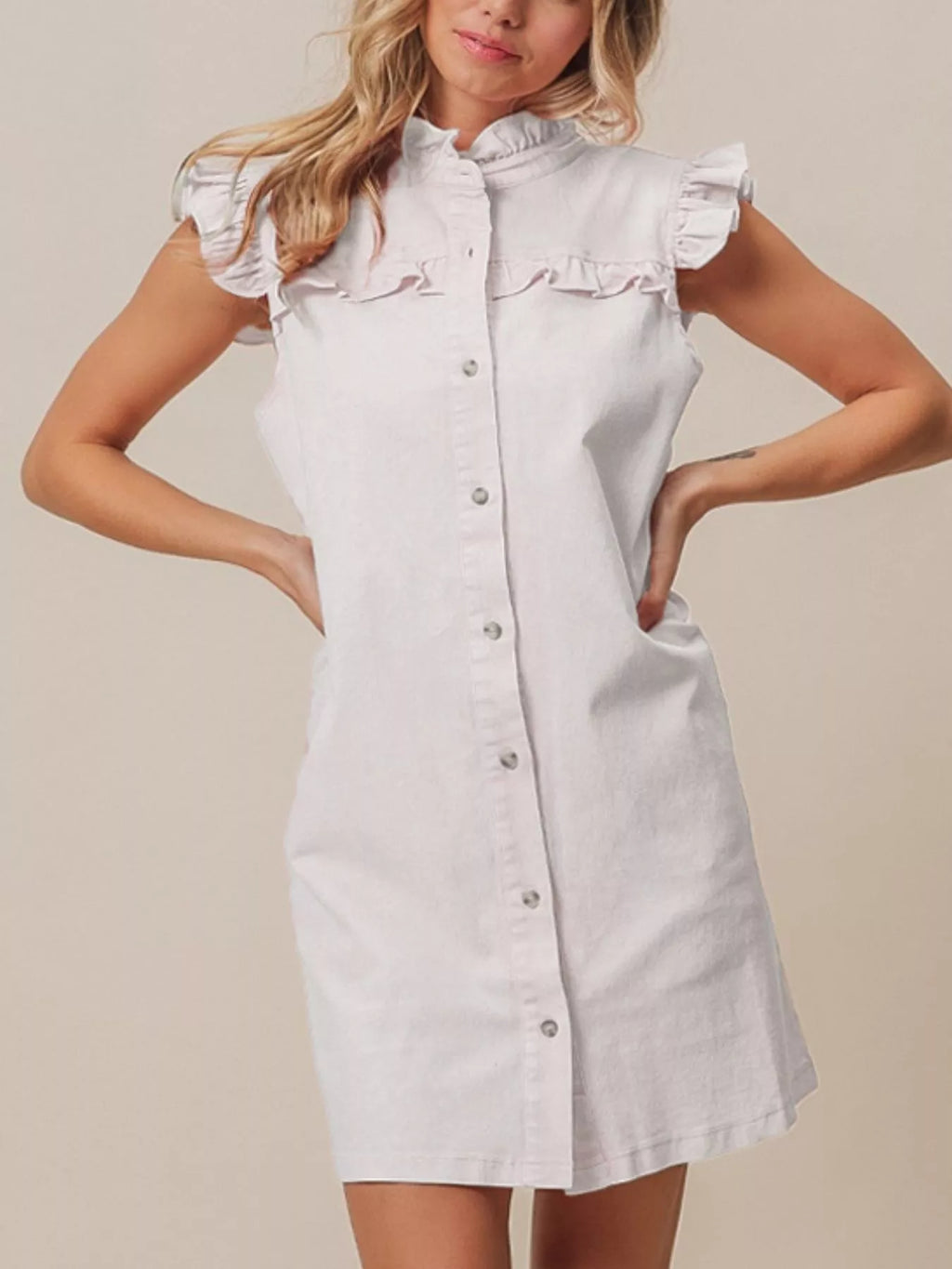 Ruffled Trim Button-Down Denim Dress