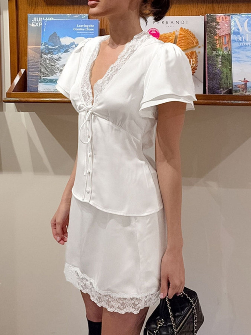 Lace Trimmed Top and Skirt Two-Piece Set