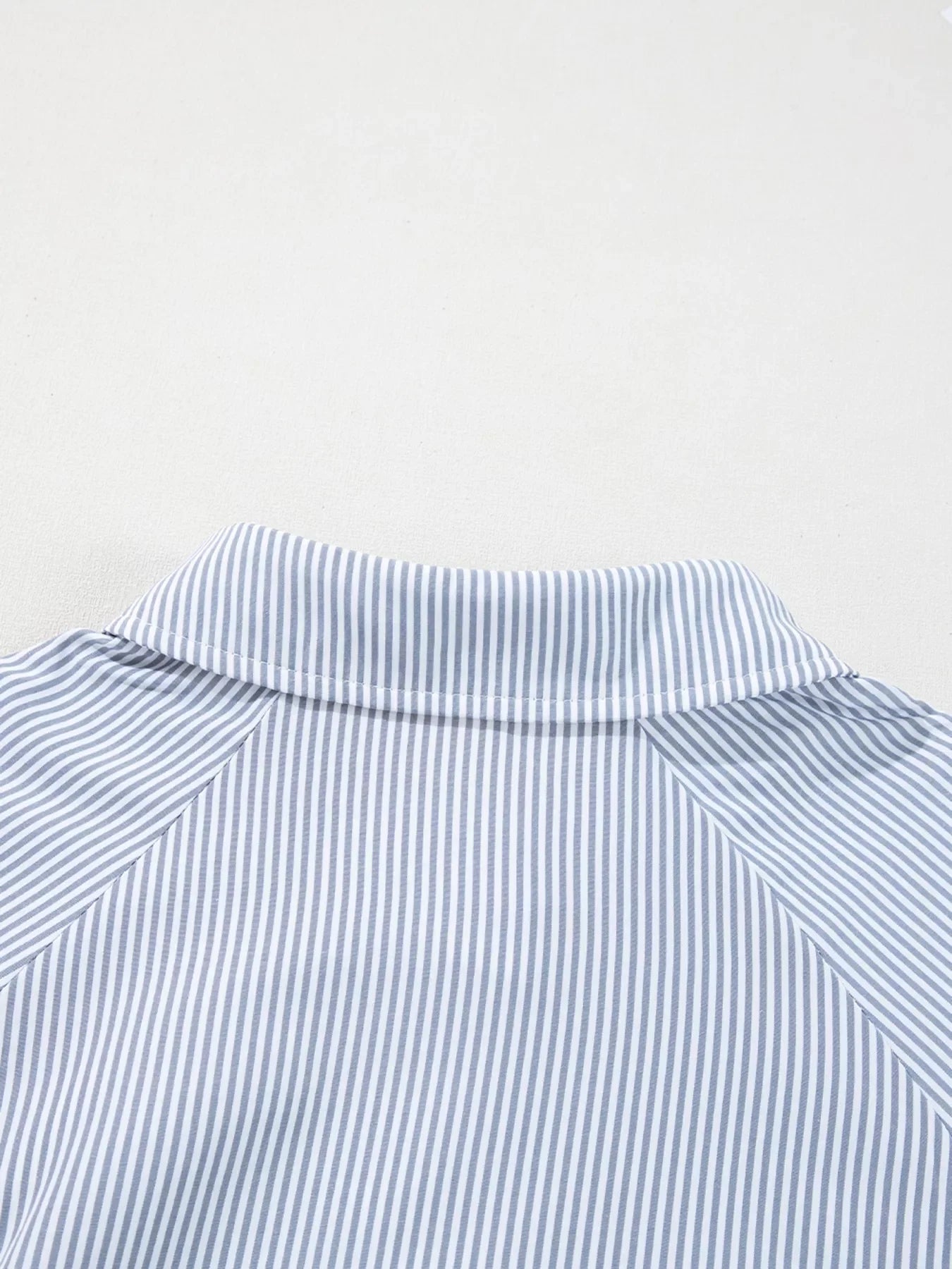 Pinstripe Long Sleeve Smocked Cuffs Button Shirt Collar Blouse
