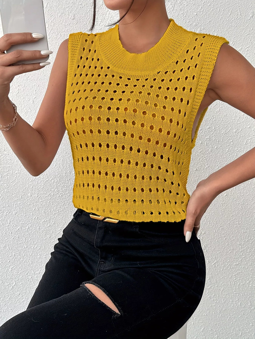 Hollow Out Round Neck Knit Tank