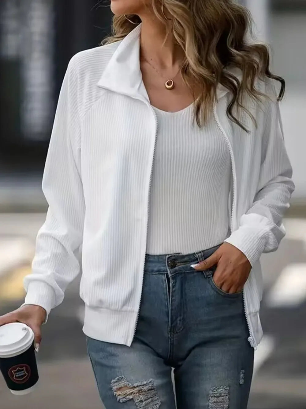 Zip Up Collared Neck Raglan Sleeve Jacket