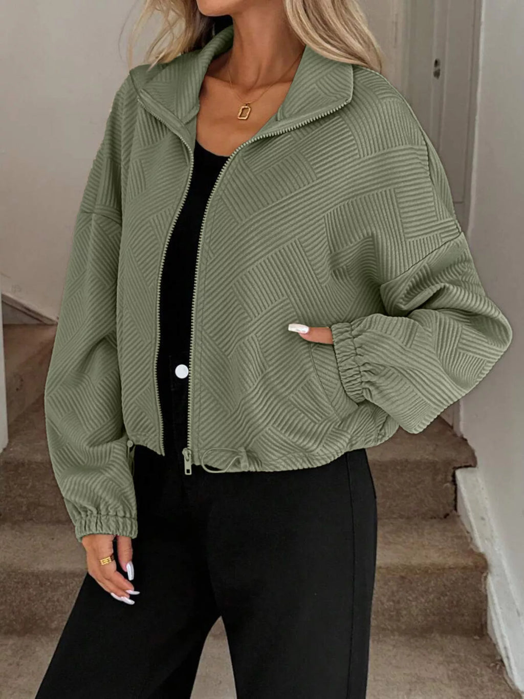 Drawstring Hem Textured Long Sleeve Jacket