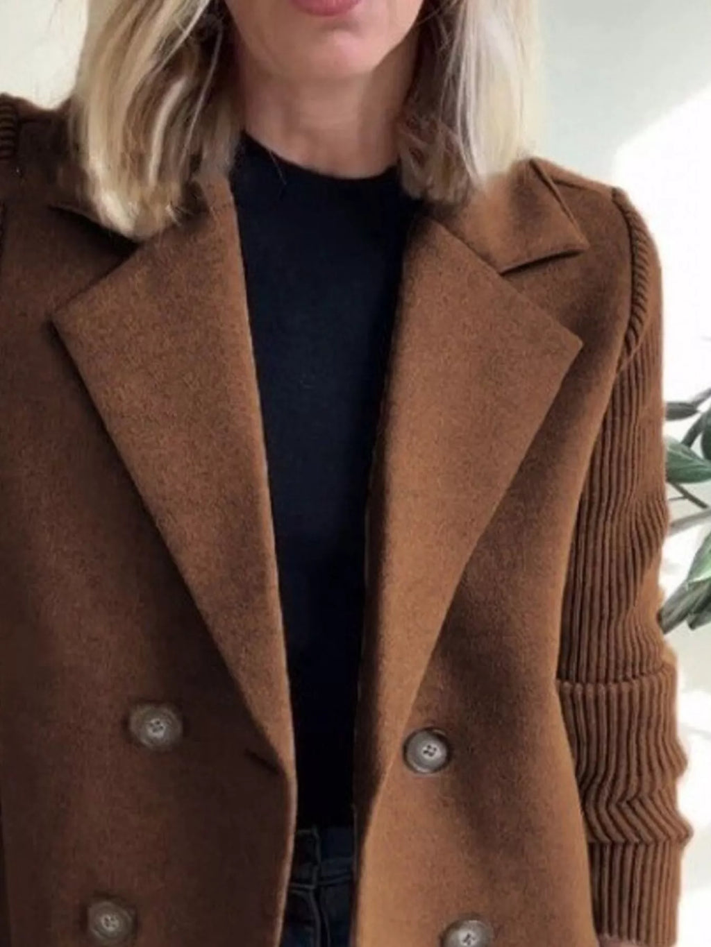 Full Size Knitted Sleeve Wool Blend Double-Breasted Blazer Plus Size