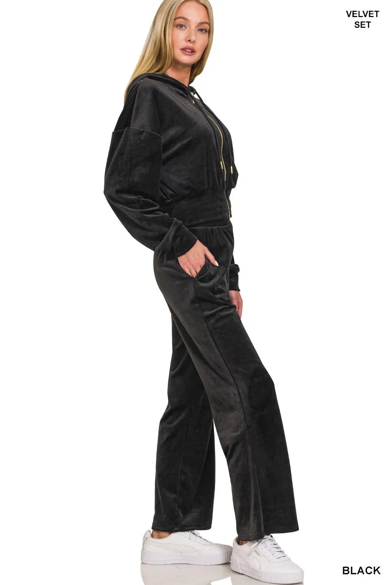 Zenana Velvet Zip Up Hoodie and Pants Set