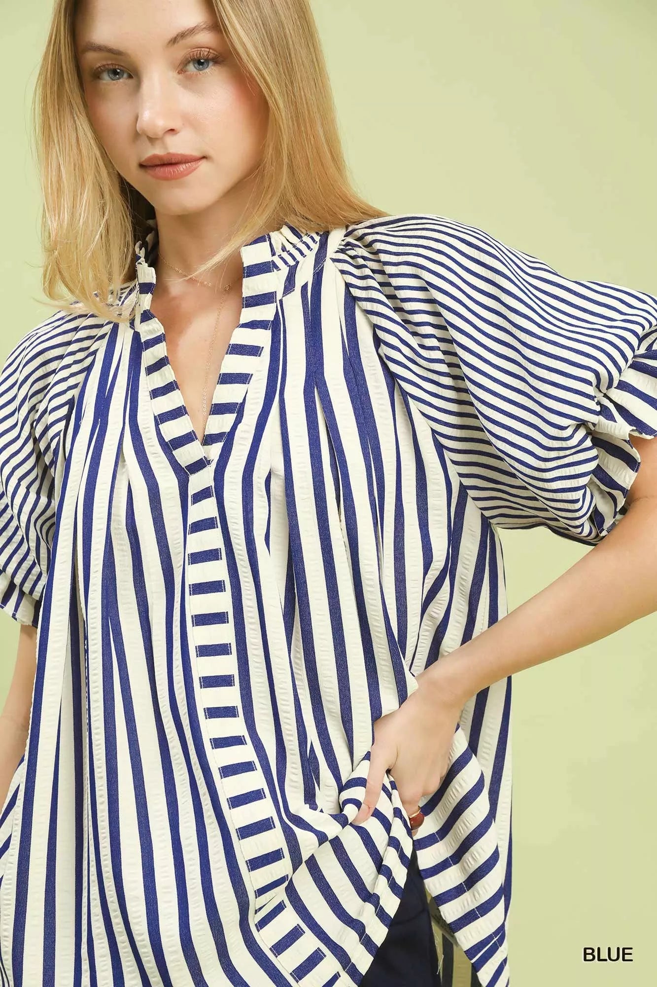 Umgee Striped Notched Top with Short Flutter Sleeves