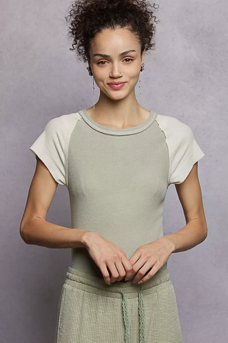 POL Round Neck Outseam Detail T-Shirt with Contrast Color Sleeves