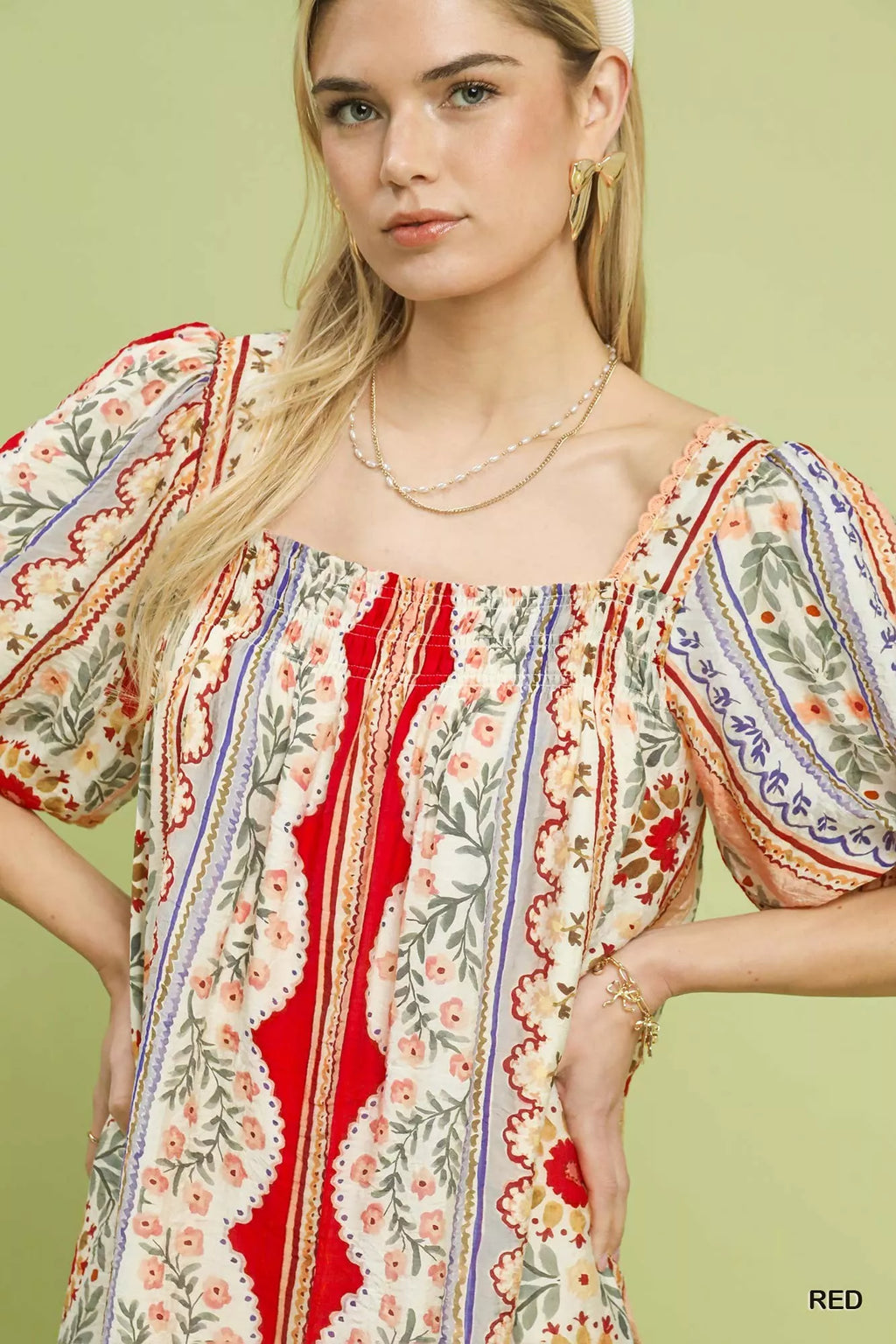 Umgee Mixed Print Puff Sleeve Mini Dress