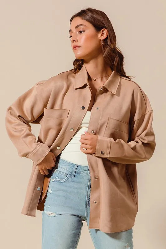 SO ME Faux Sued Snap Shacket with Collar and Pockets