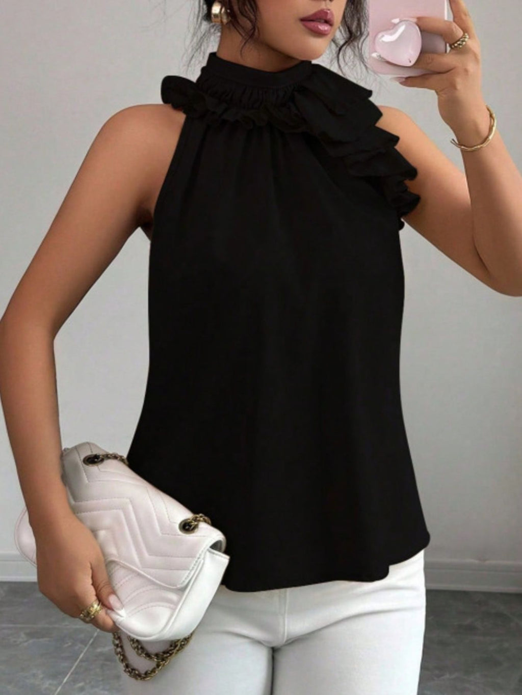 Ruffle High Neck Sleeveless Top