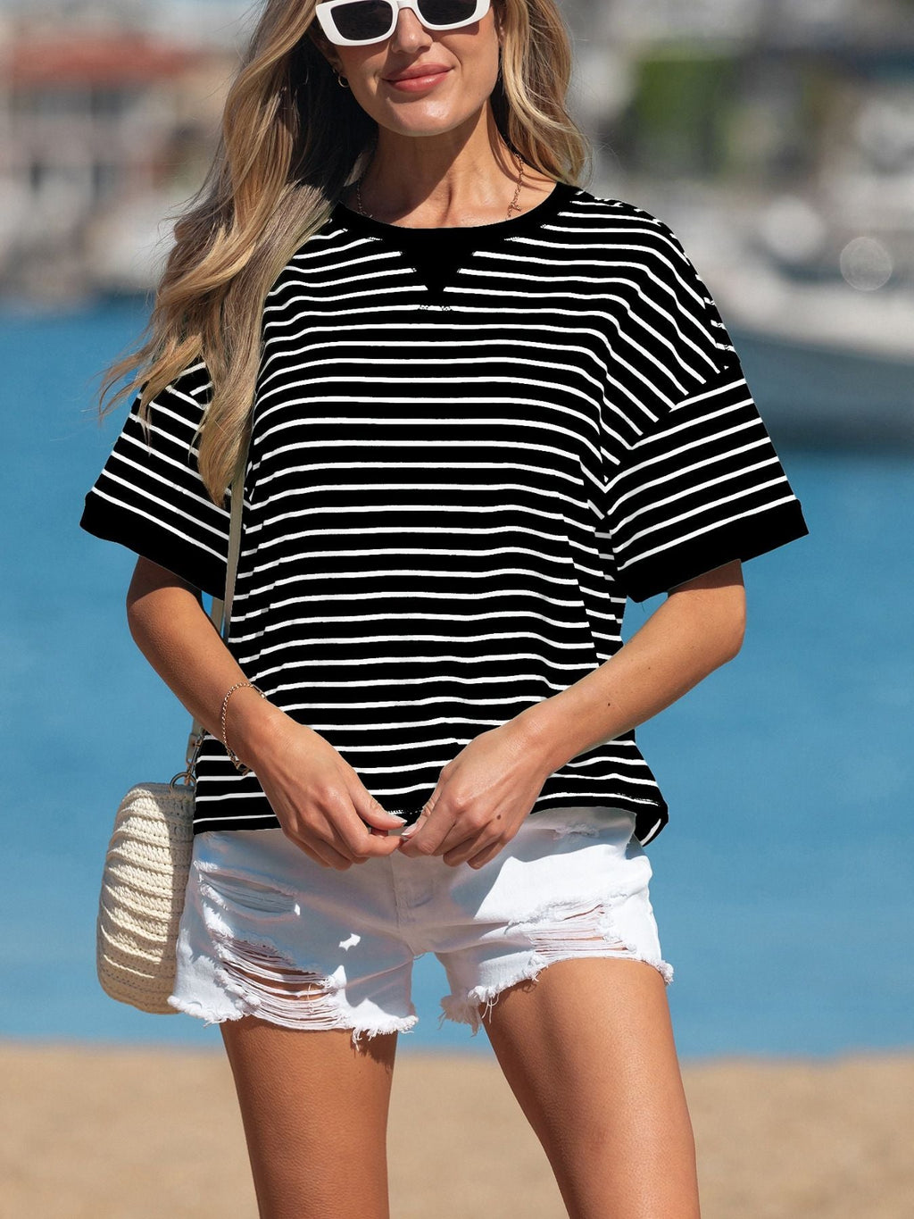 Stripe Ribbed Patchwork Seam Detail Half Sleeve Tee
