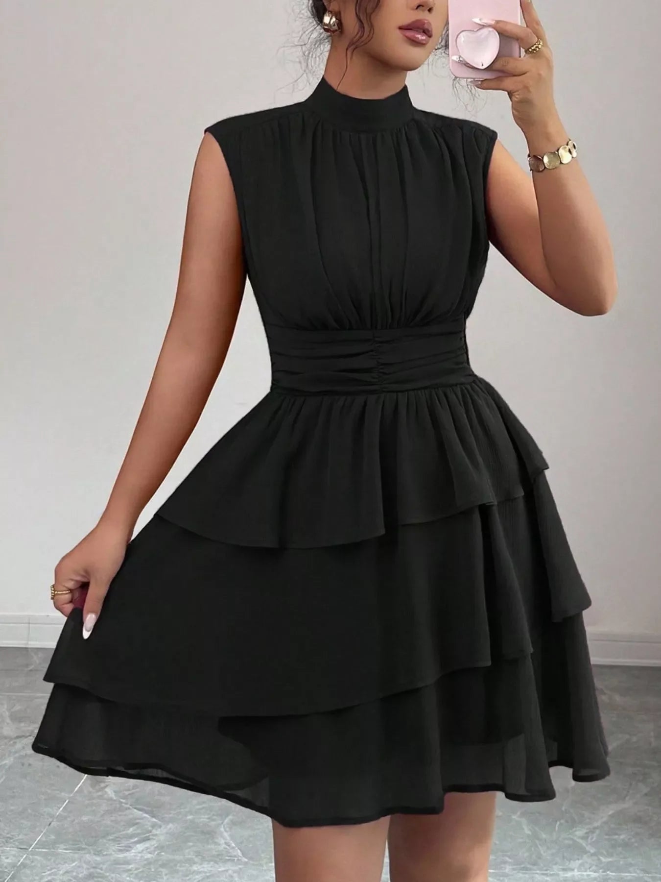 Sleeveless Mock Neck Layered Ruffle Dress