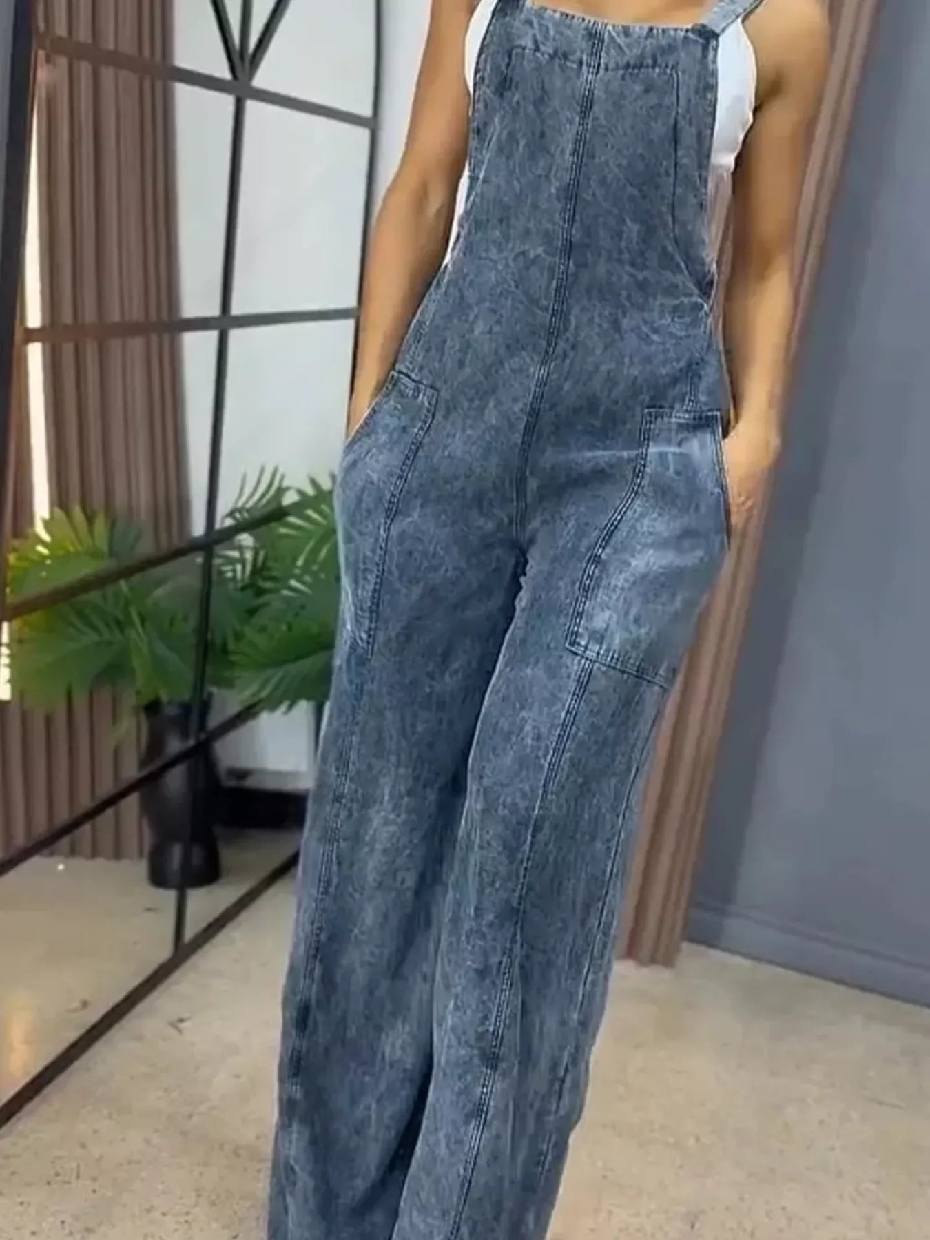 Full Size Vintage Wash Wide Leg Denim Overalls Plus Size