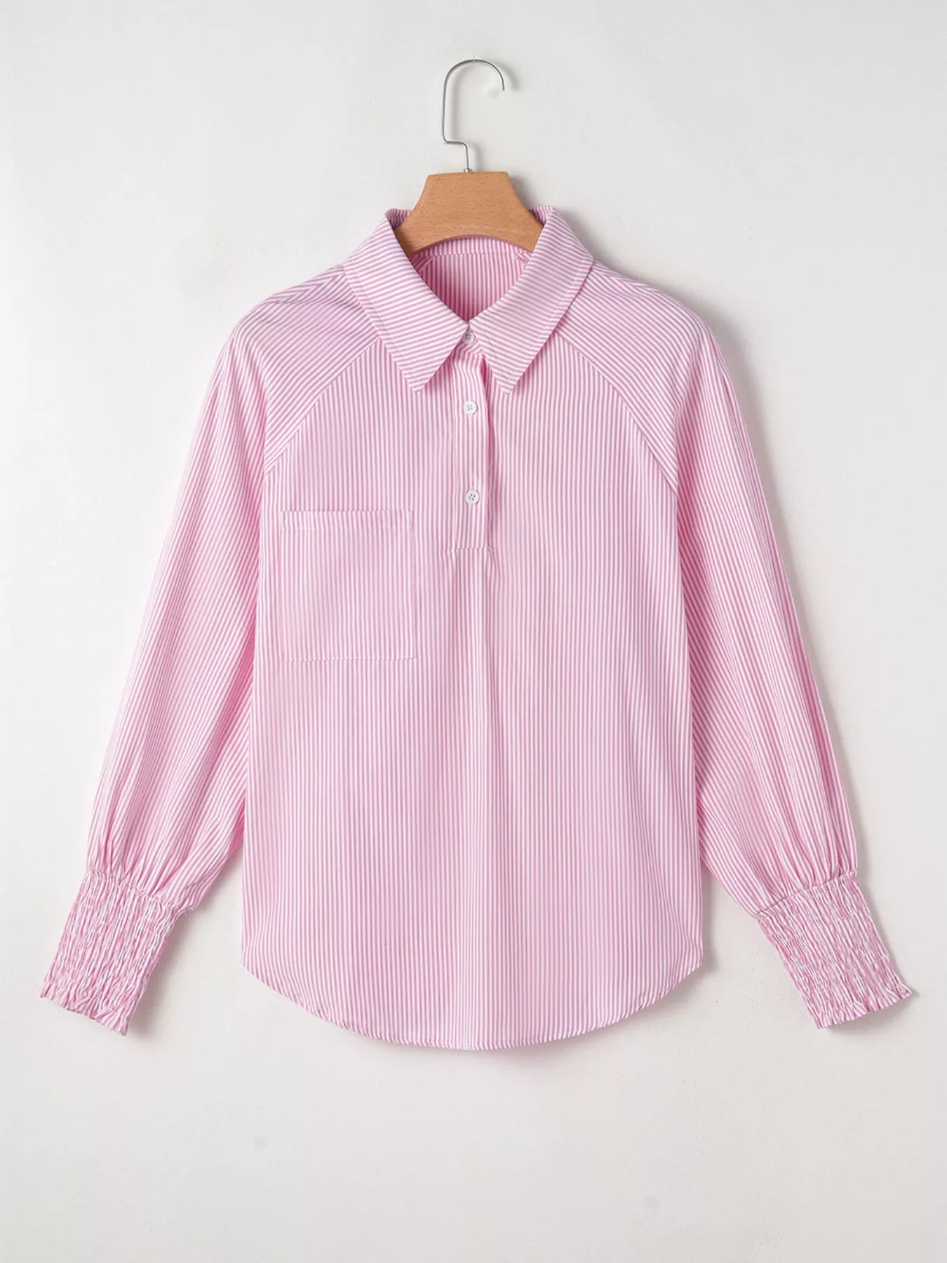 Pinstripe Long Sleeve Smocked Cuffs Button Shirt Collar Blouse