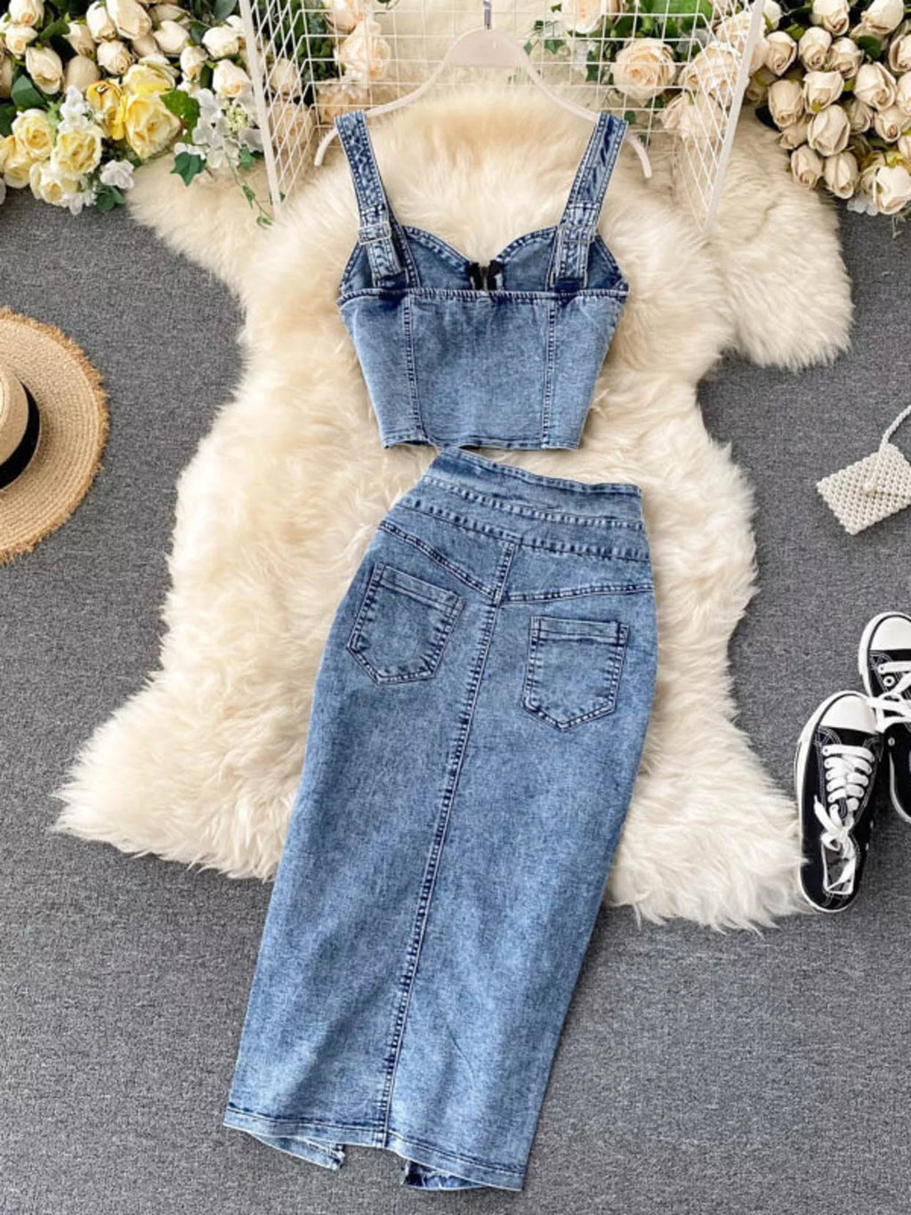 Zipper Top & Button Slit Skirt Denim Set