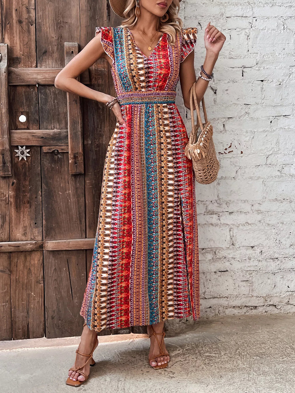 Boho Print Ruffle Sleeve Slit Dress