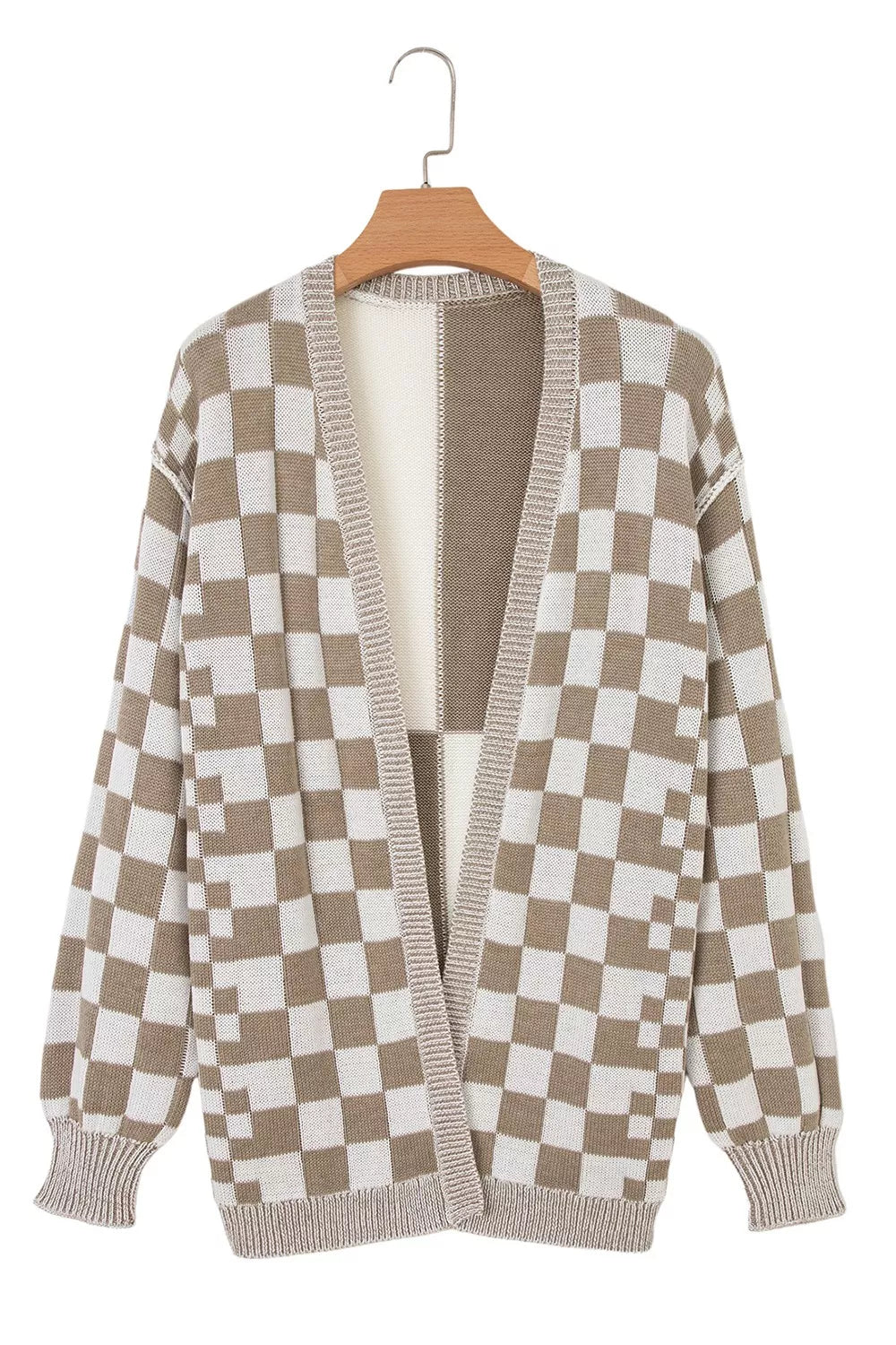 Checkerboard Print Open Front Knit Cardigan