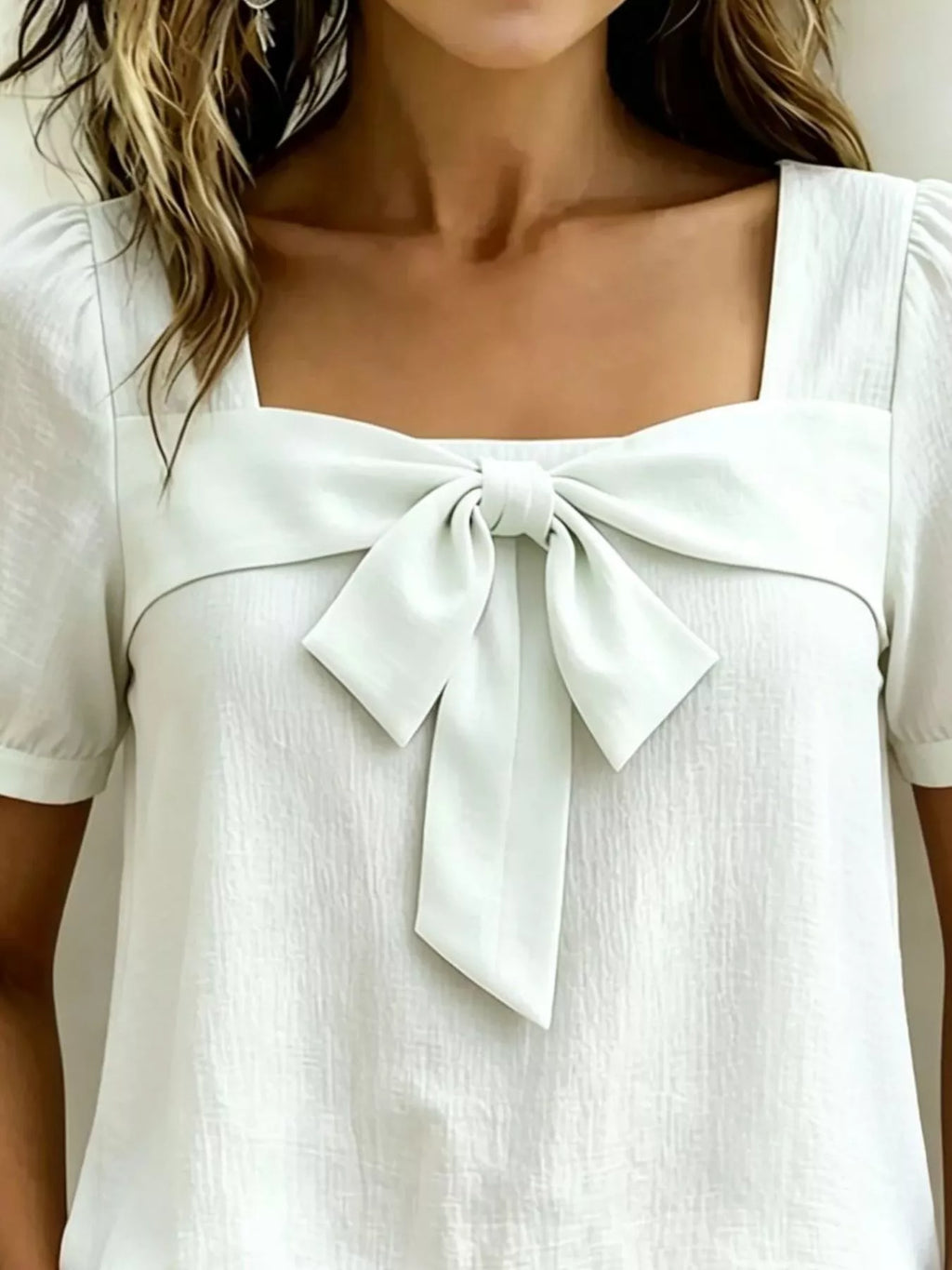 Bow Tie Square Neck Puff Sleeve Blouse