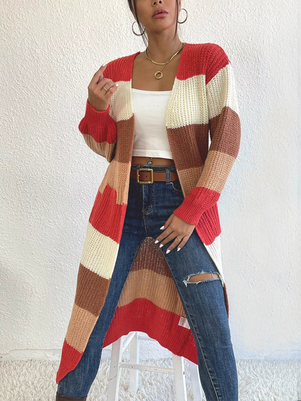 Striped Color Block Open Front Knit Cardigan