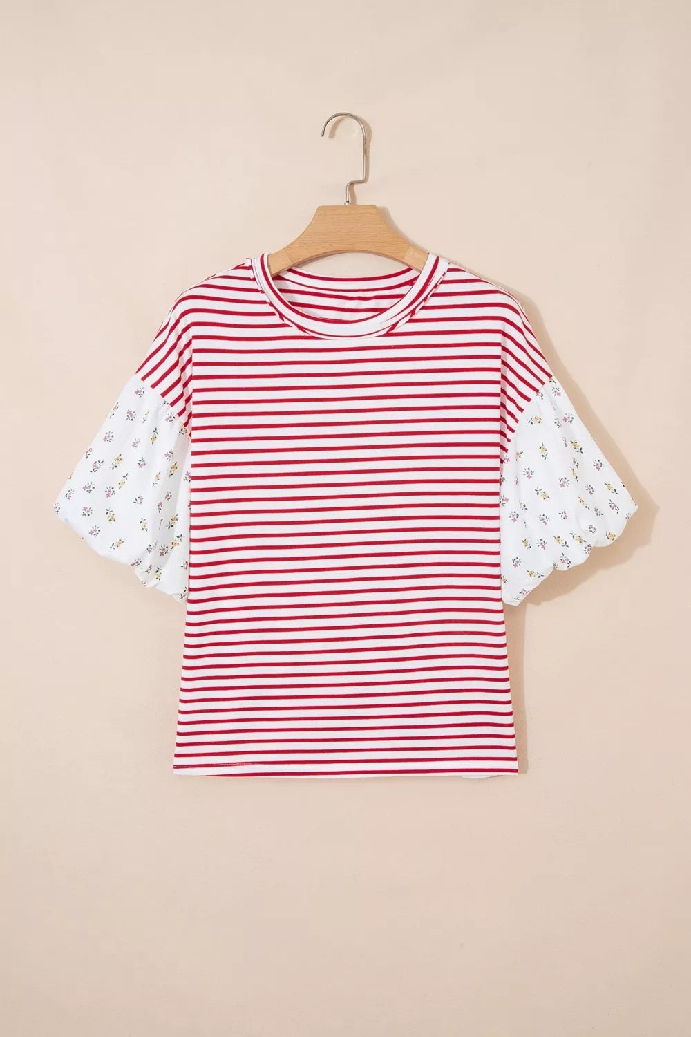 Stripe Floral Puff Sleeve Patchwork Round Neck Loose Top
