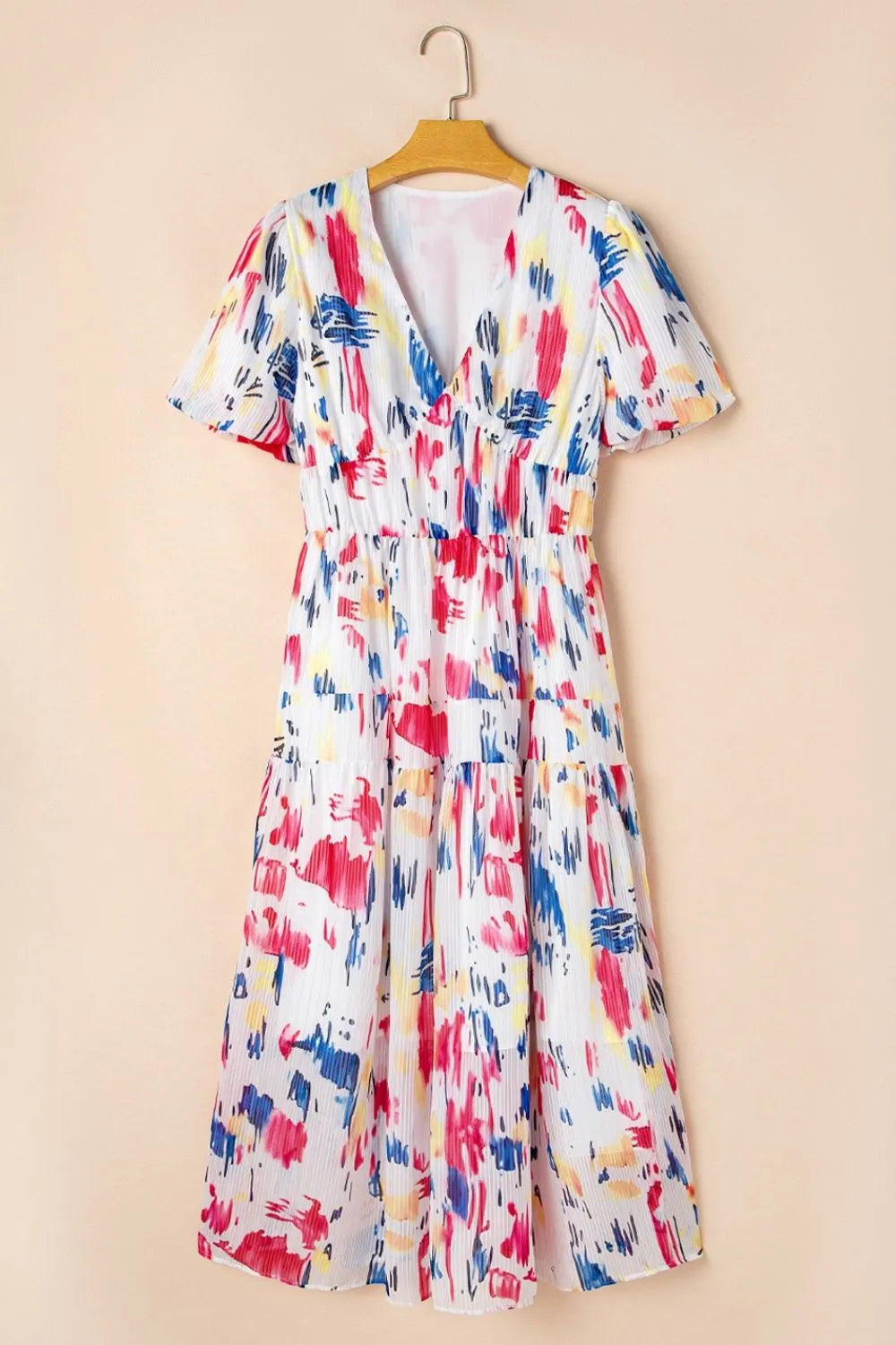 Abstract Print Short Puff Sleeve Tiered Maxi Dress