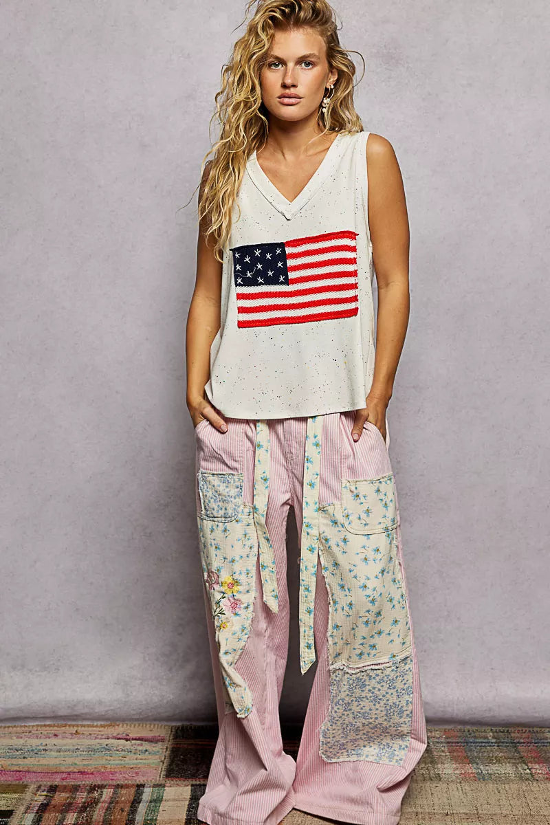 POL V-Neck Ribbed Tank with American Flag Patch and Star Back Patch