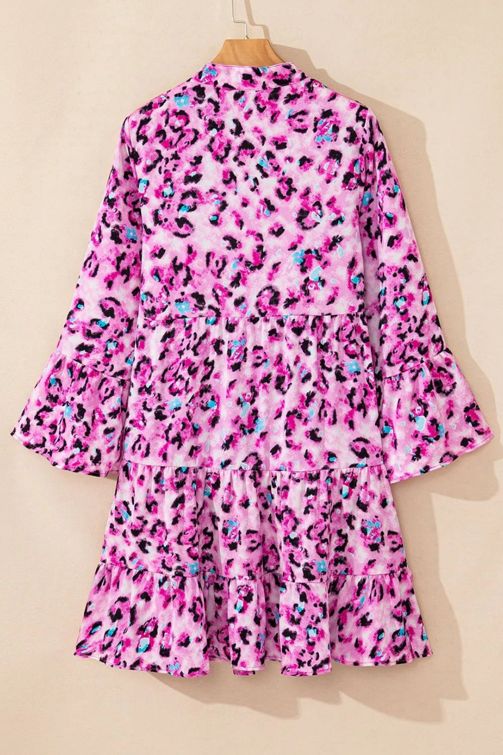 Leopard Print Buttoned Front 3/4 Sleeve Tiered Ruffled Hem Dress
