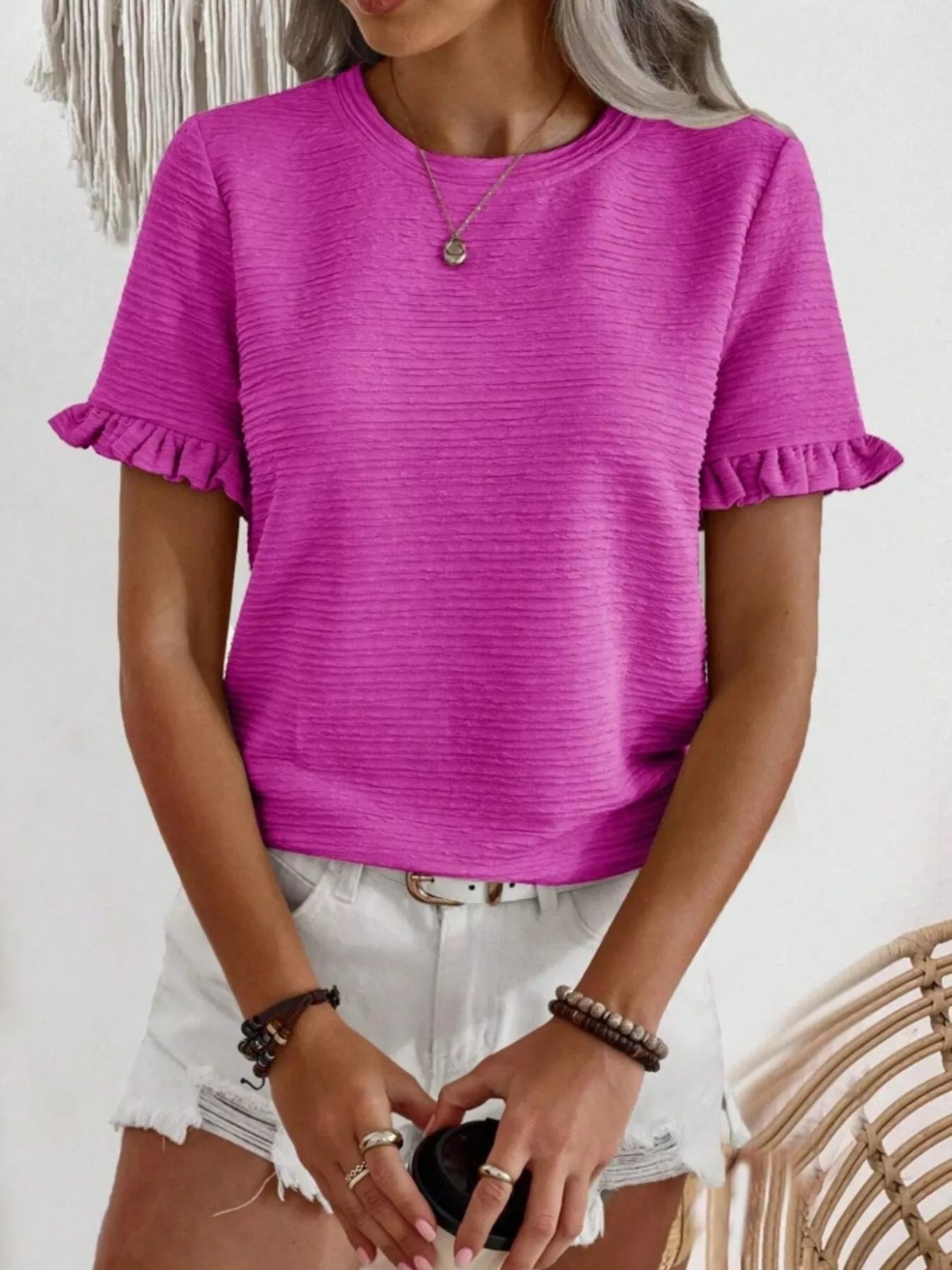 Textured Ruffle Sleeve Round Neck T-Shirt